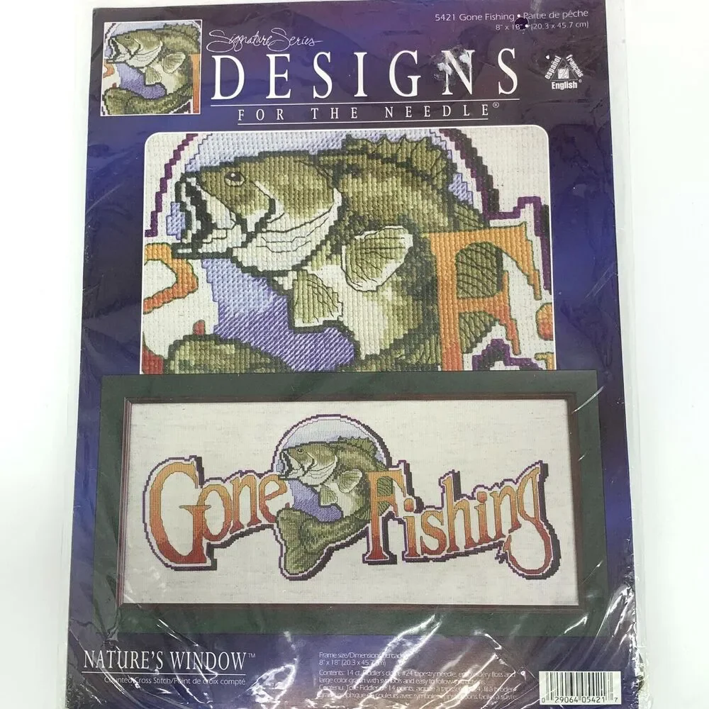 Vtg Designs for the Needle Natures Window Gone Fishing Counted Cross Stitch Kit